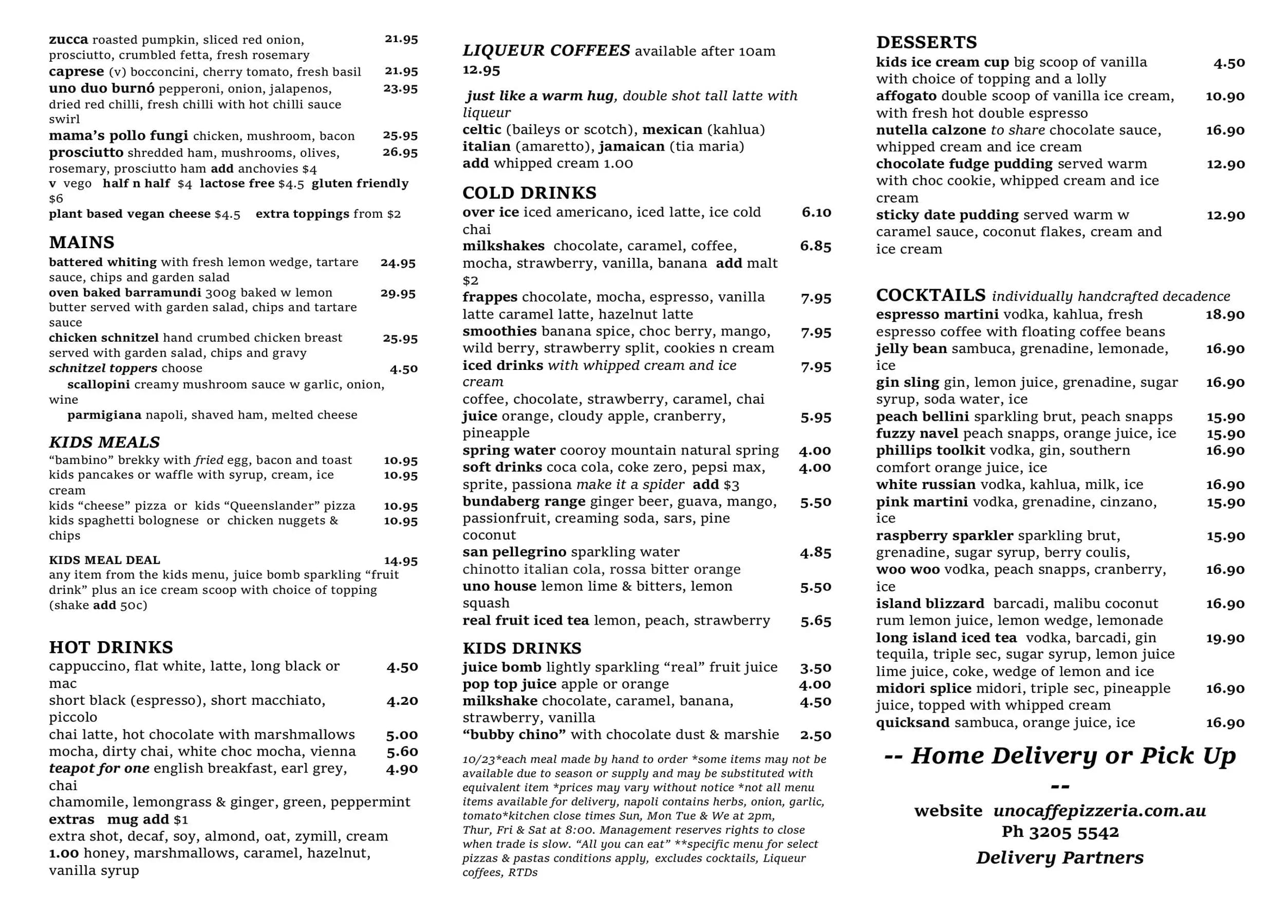 Uno Caffe & Pizzeria menu, page 2