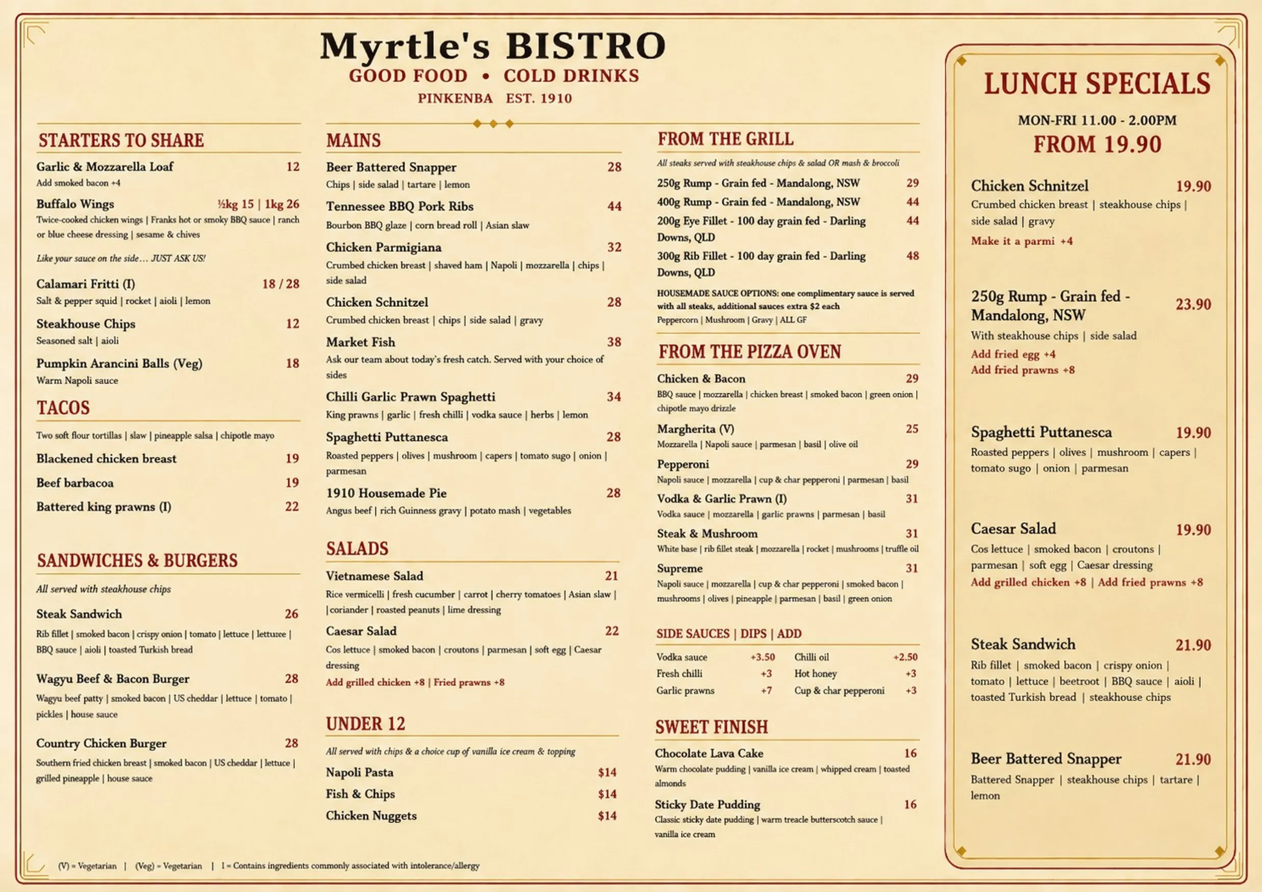 Trade Coast Hotel menu, page 1