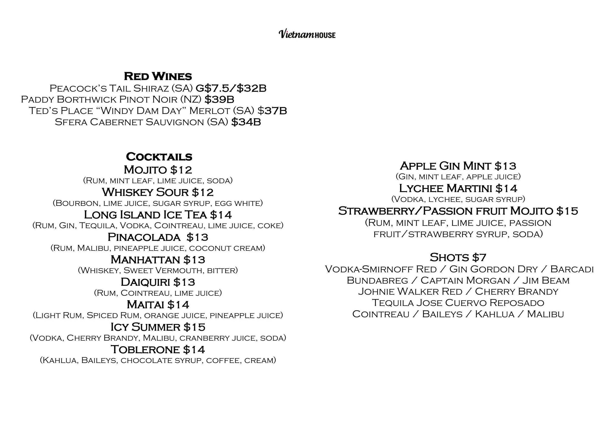 Vietnam House menu, page 5