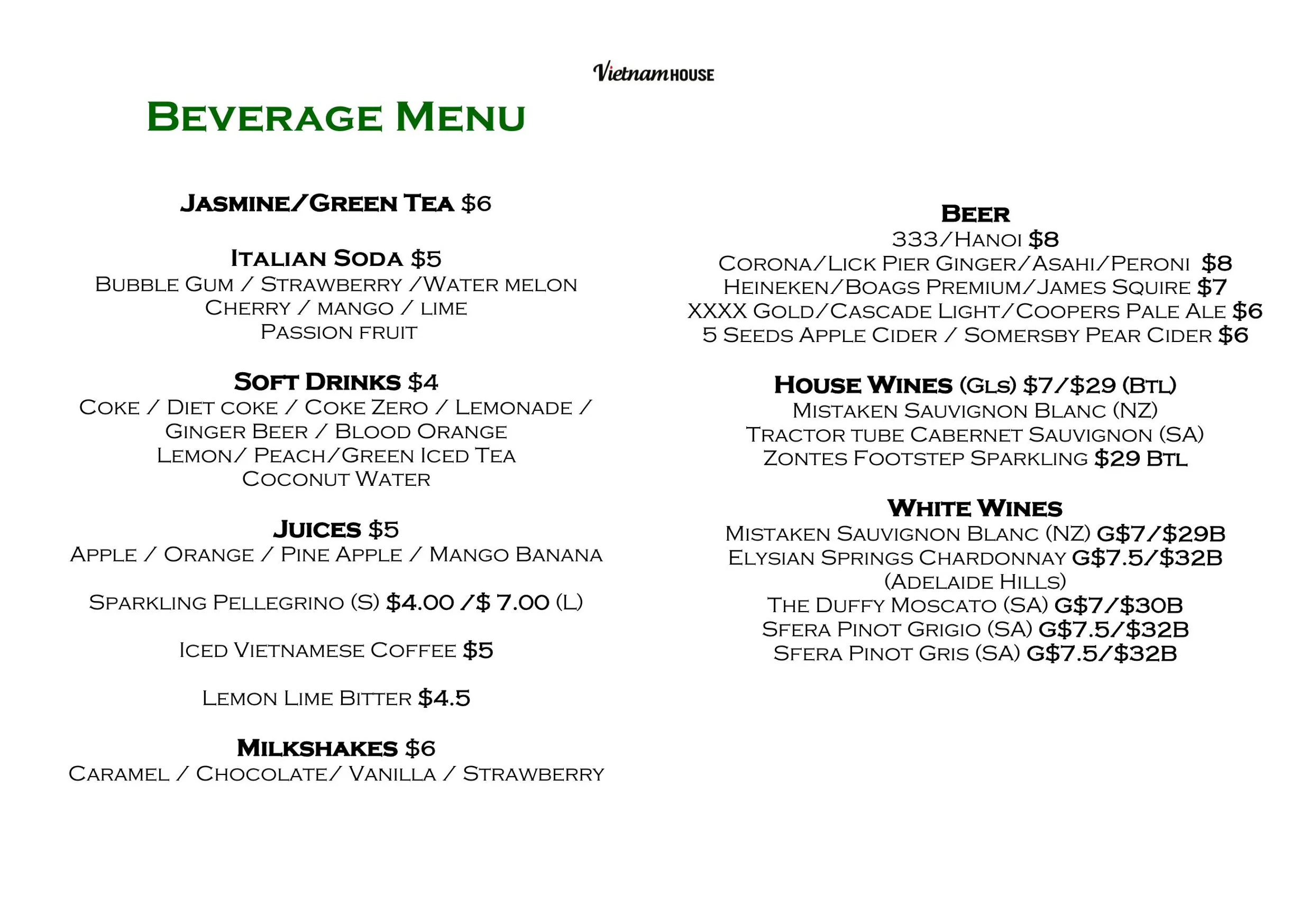 Vietnam House menu, page 4