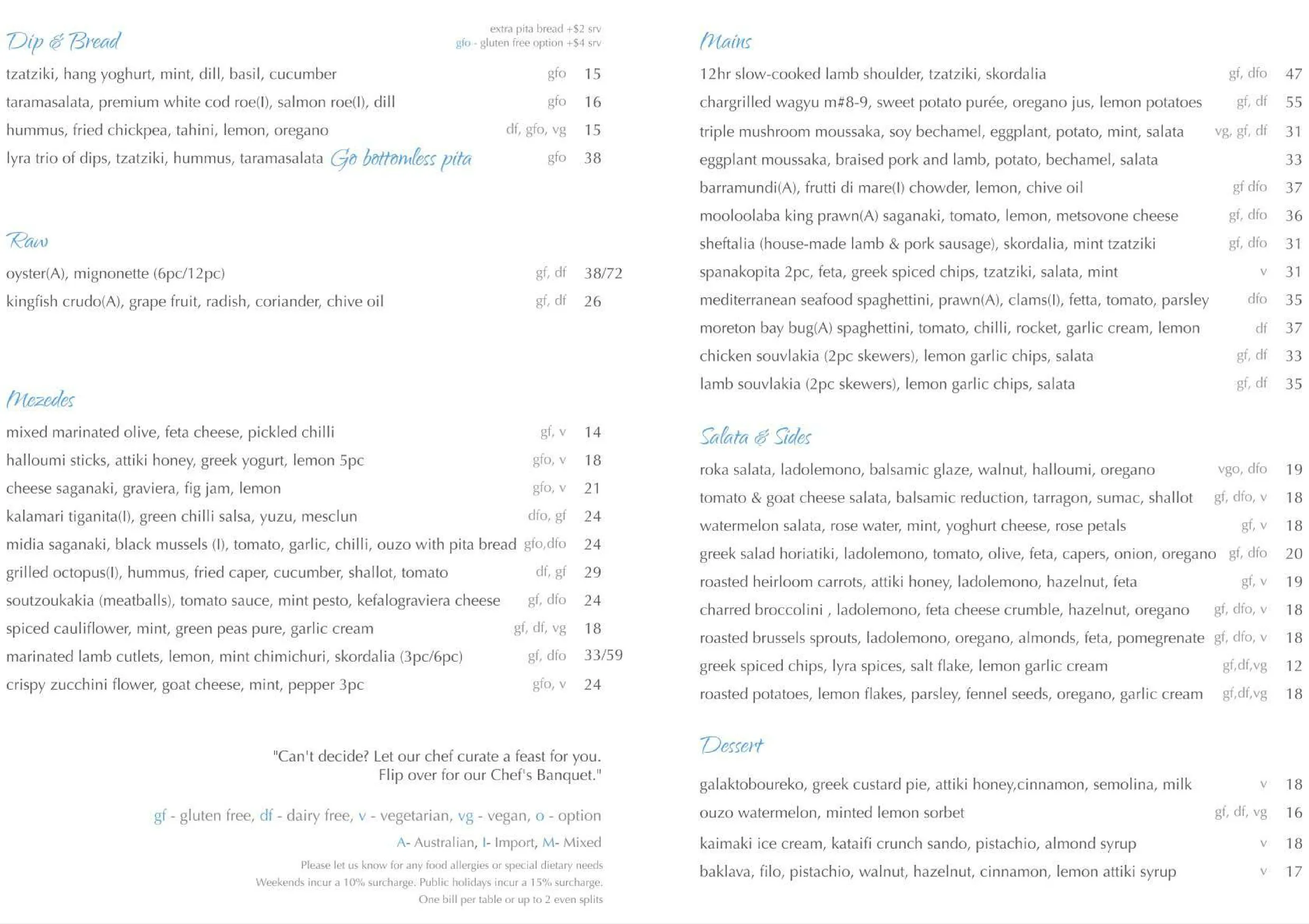 Lyra Greek Restaurant menu, page 1
