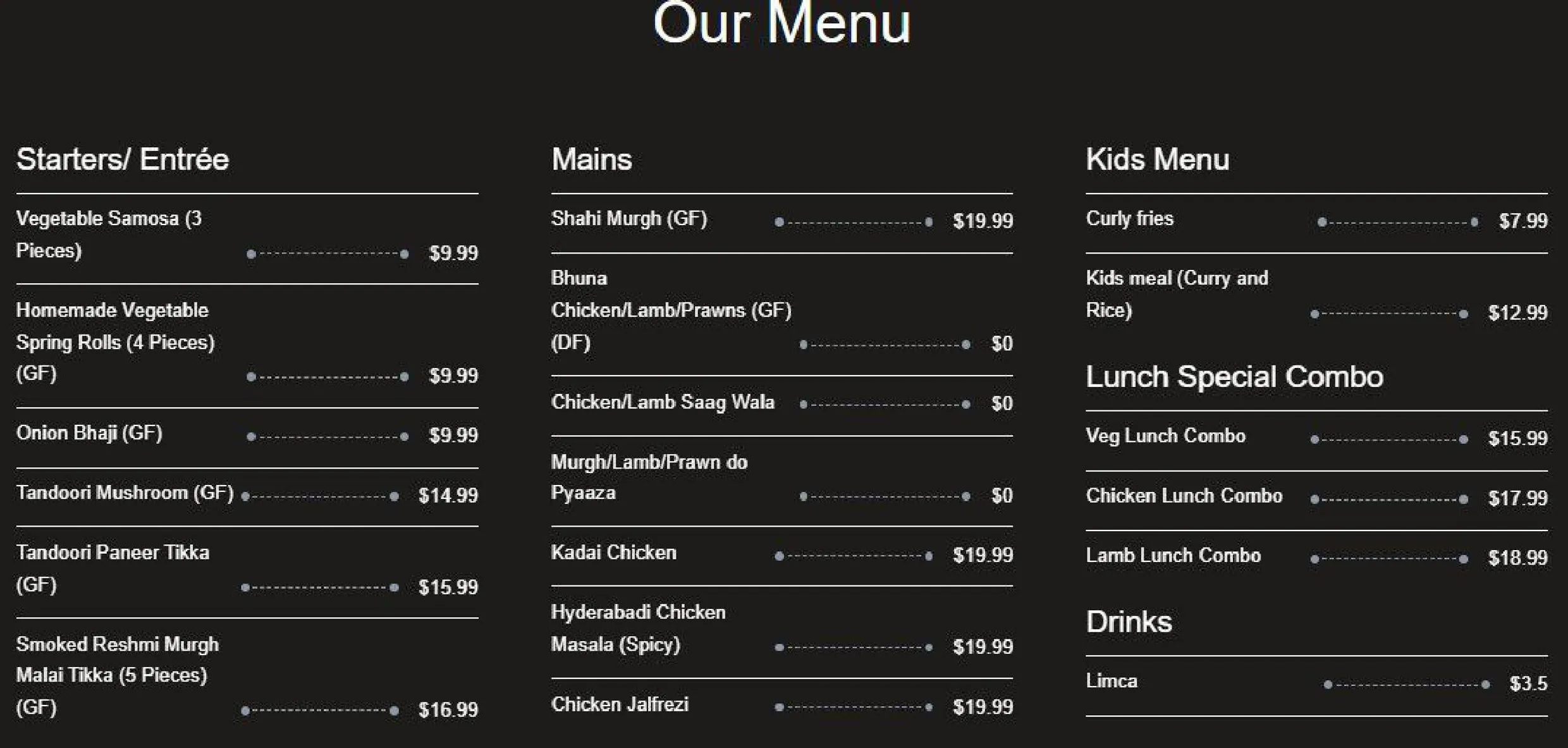 New Paradise Authentic Indian Food menu, page 1