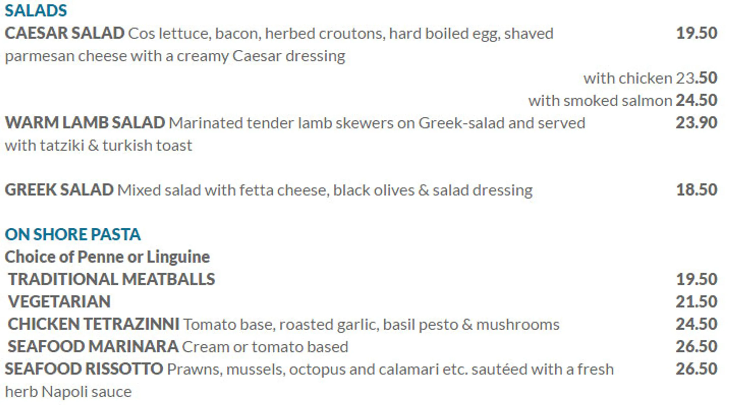 On Shore menu, page 2