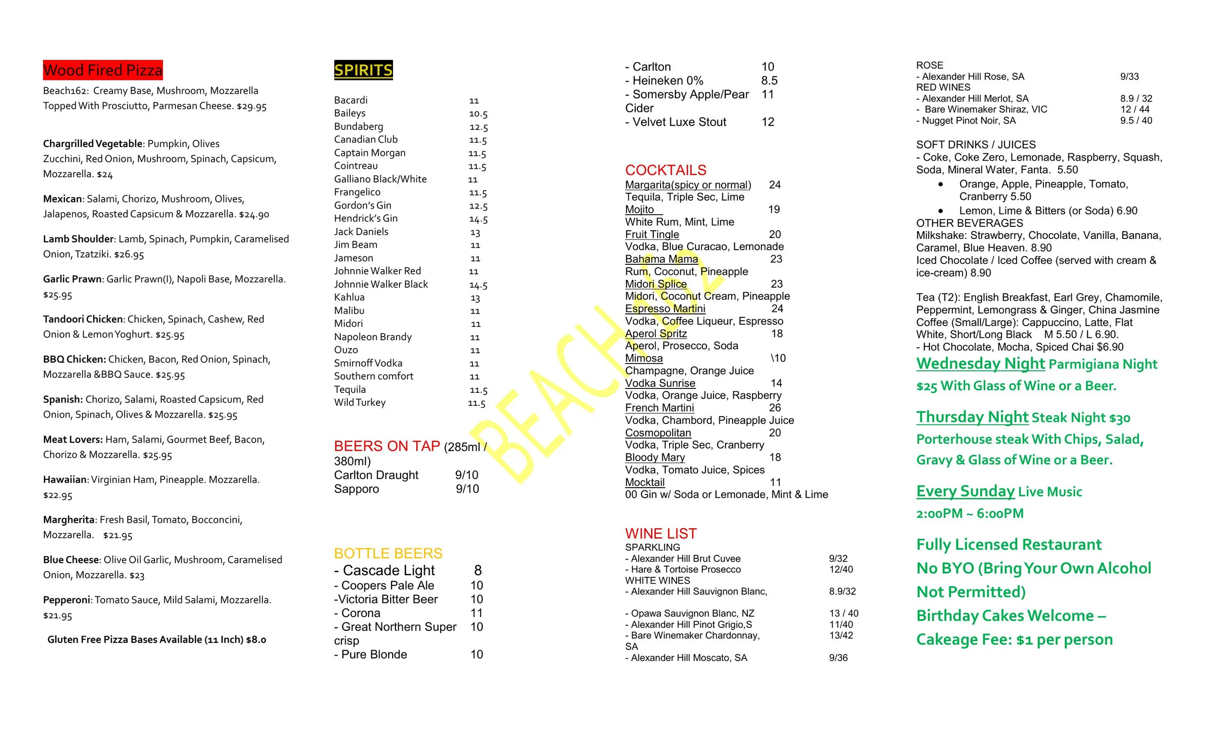 Beach 162 menu, page 2