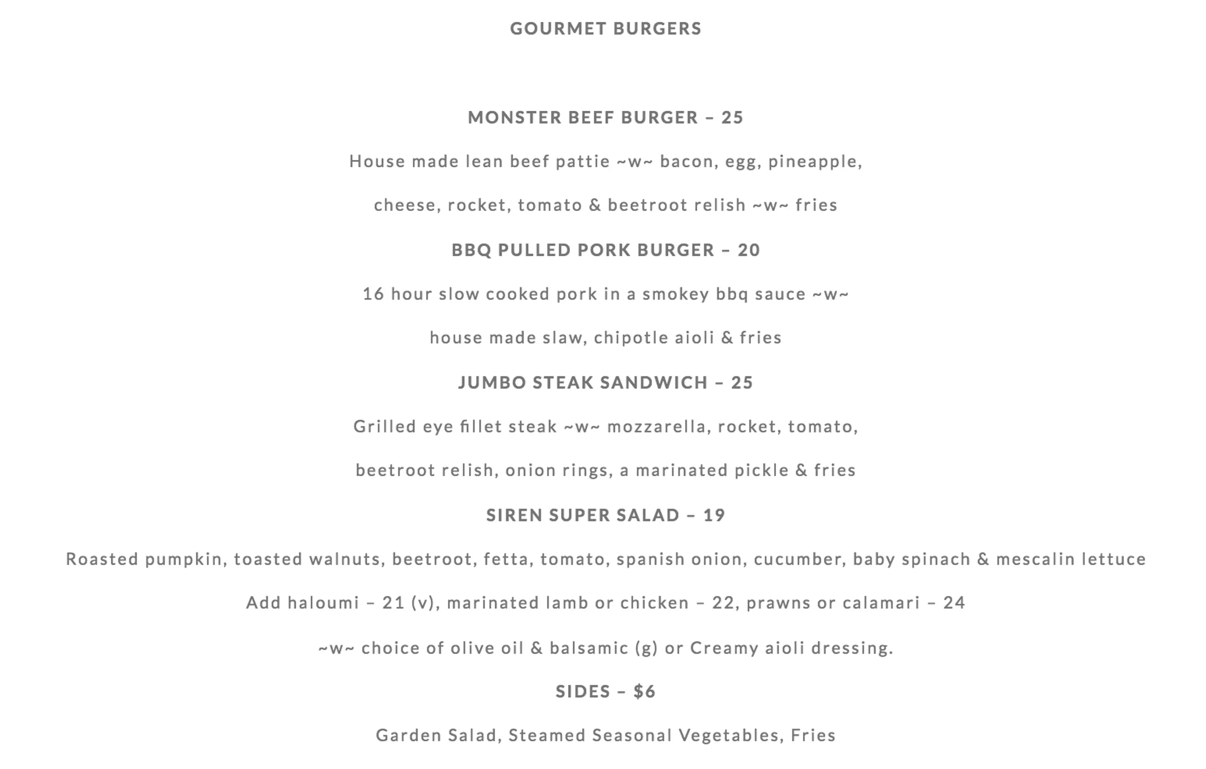 Siren Bar & Restaurant menu, page 2