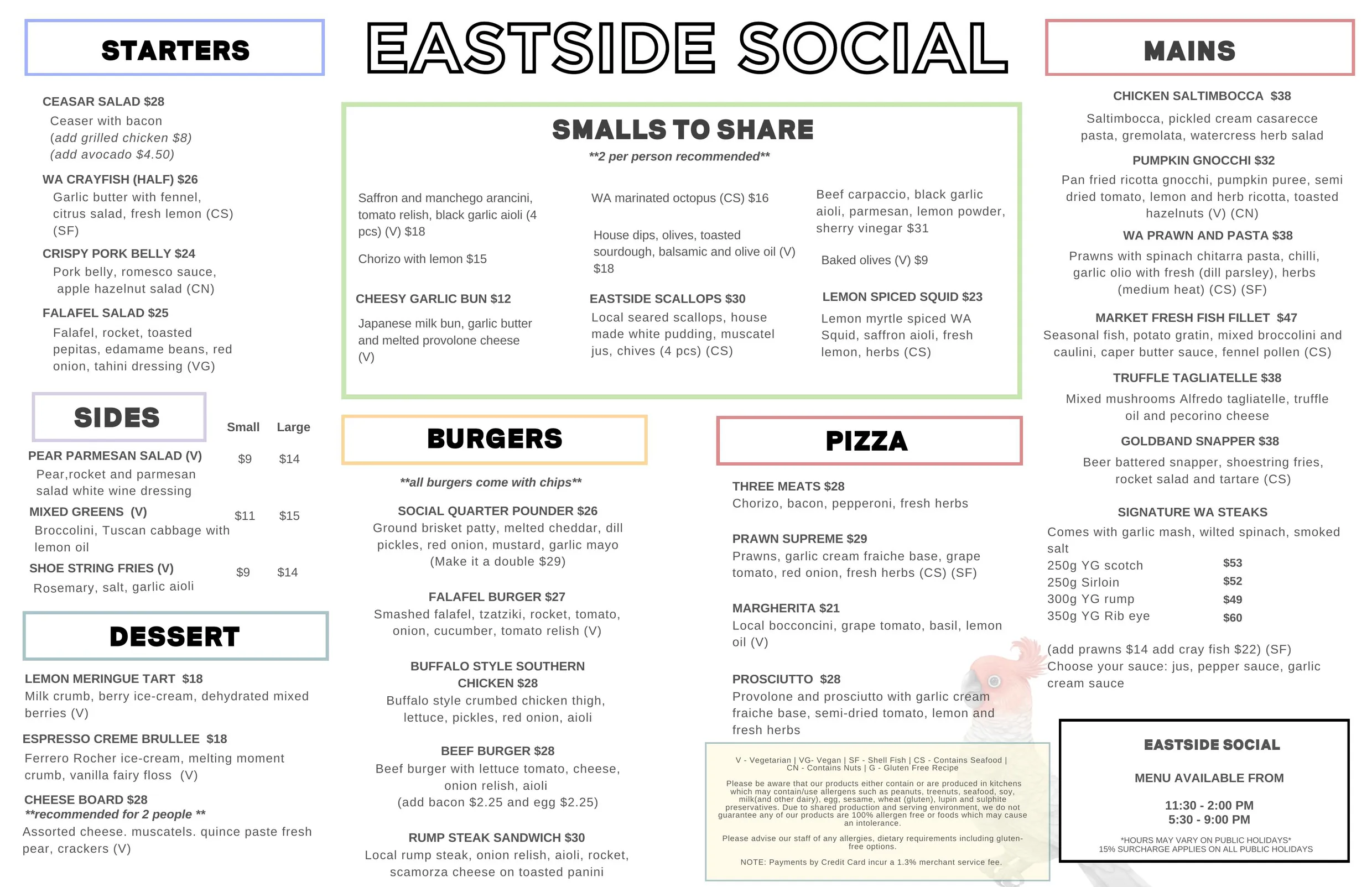 Eastside Social Bar & Restaurant menu, page 1