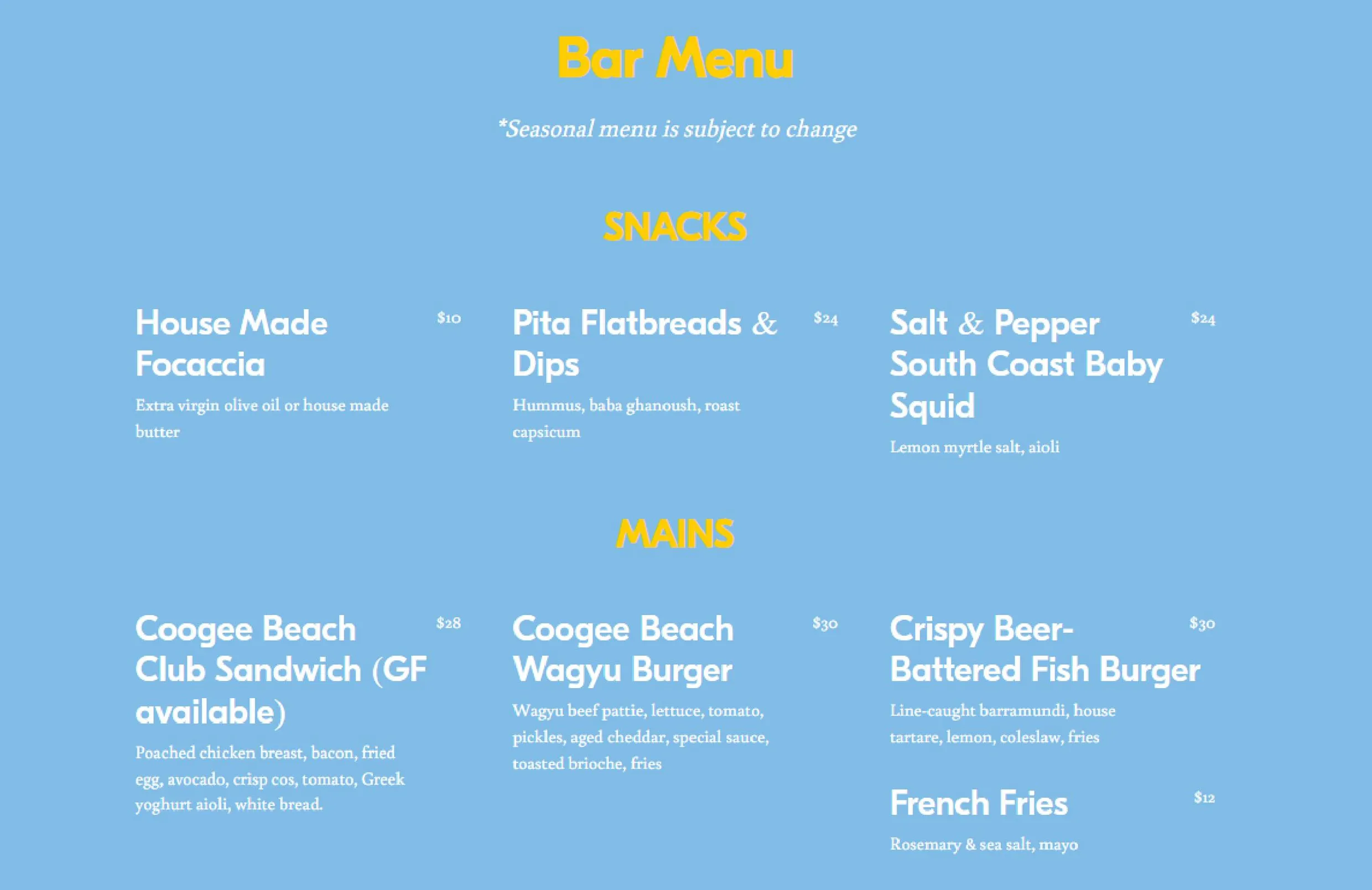 Shutters Restaurant & Bar menu, page 1