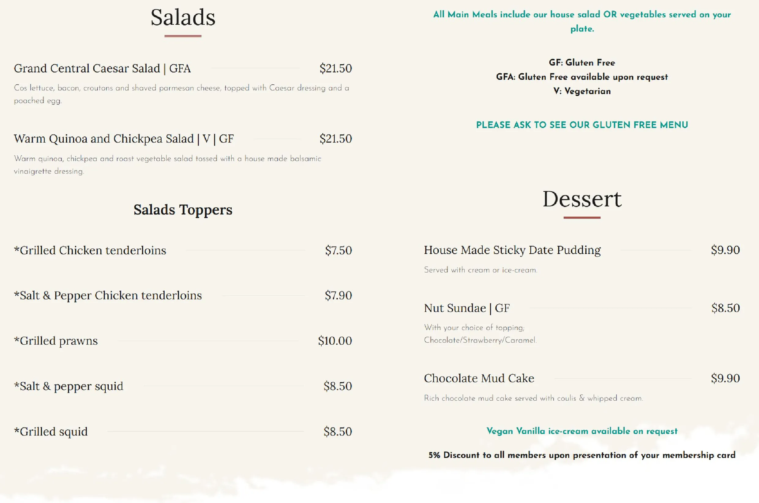Grand Central Tavern menu, page 4