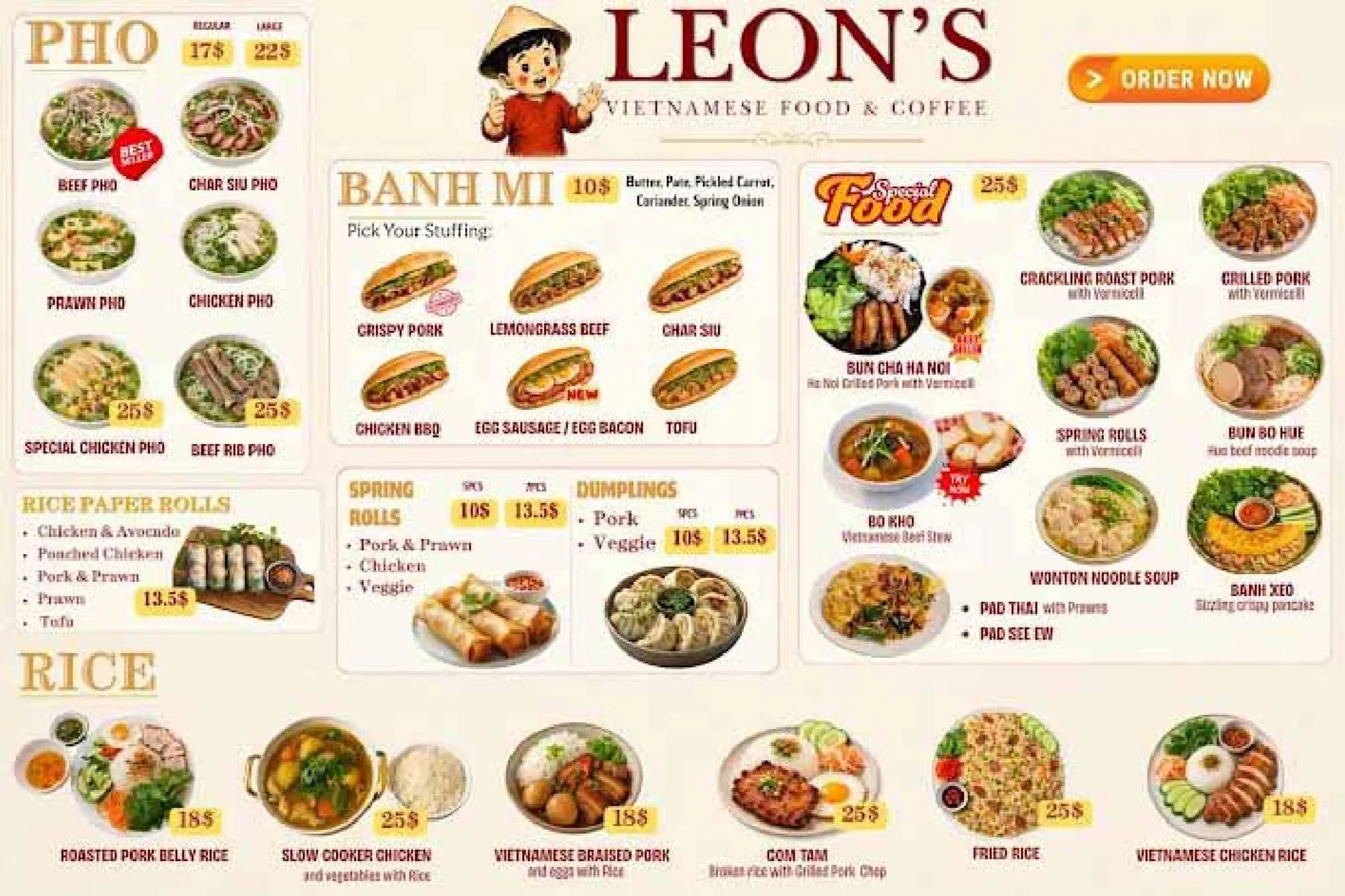 Leon's Pho and Roll menu, page 1