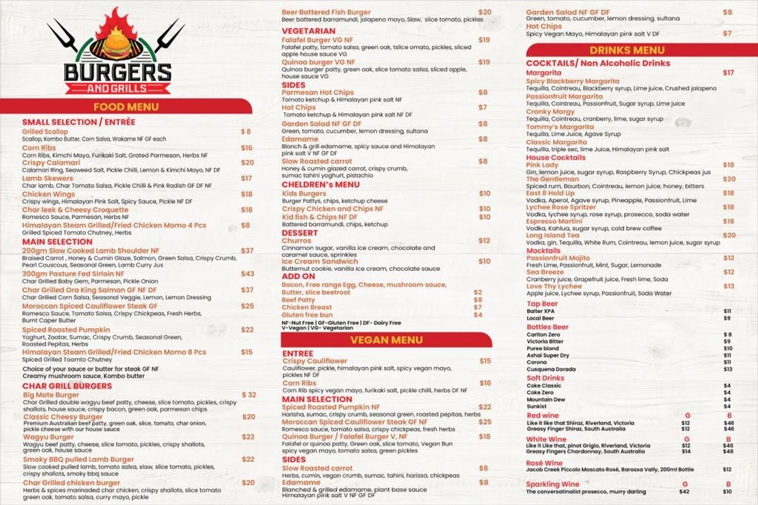 Burgers & Grills menu, page 1