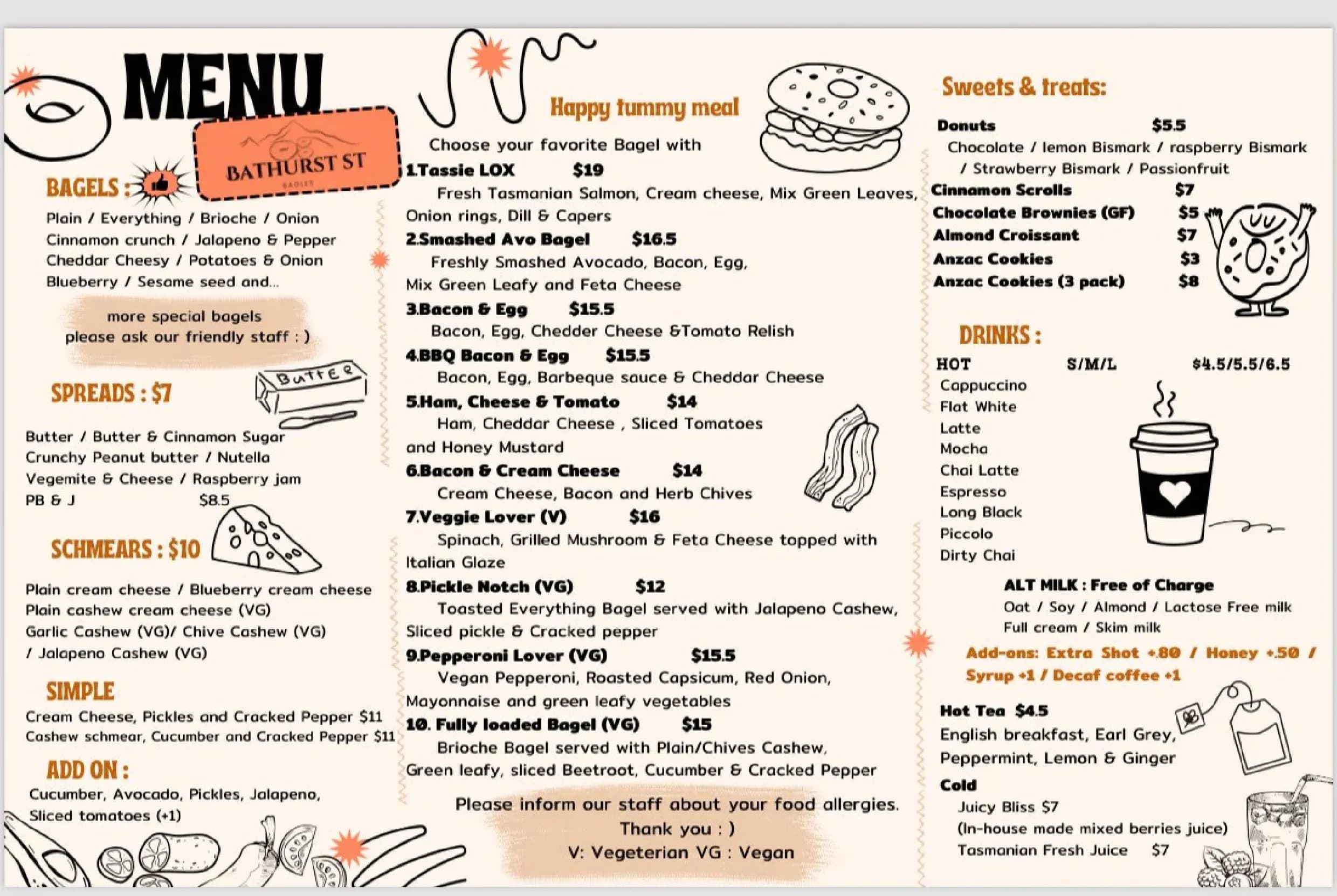 Bathurst St Bagels menu, page 1