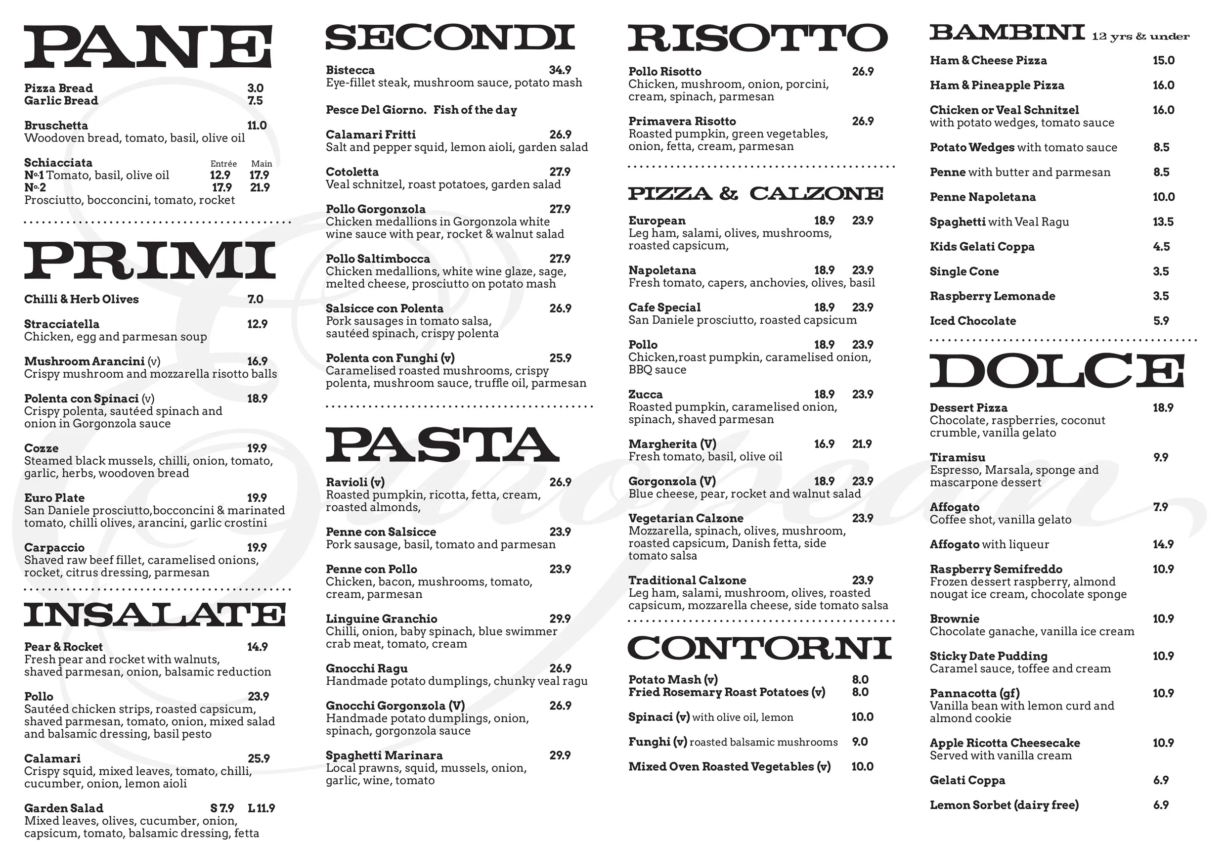European Café menu, page 1