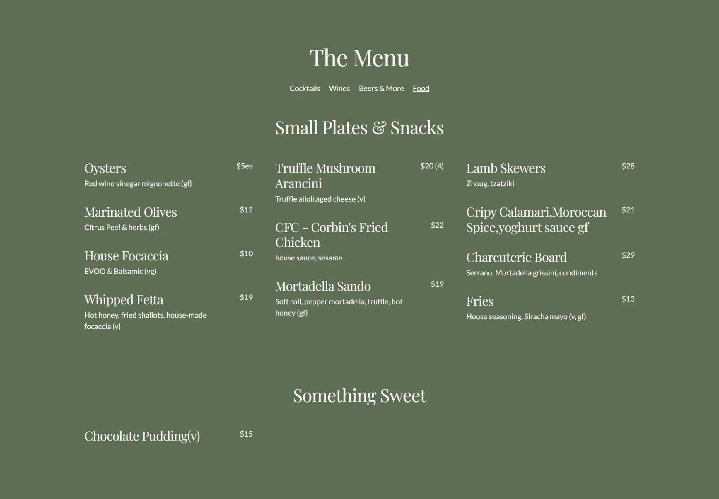 Corbin's Neighbourhood Bar menu, page 4