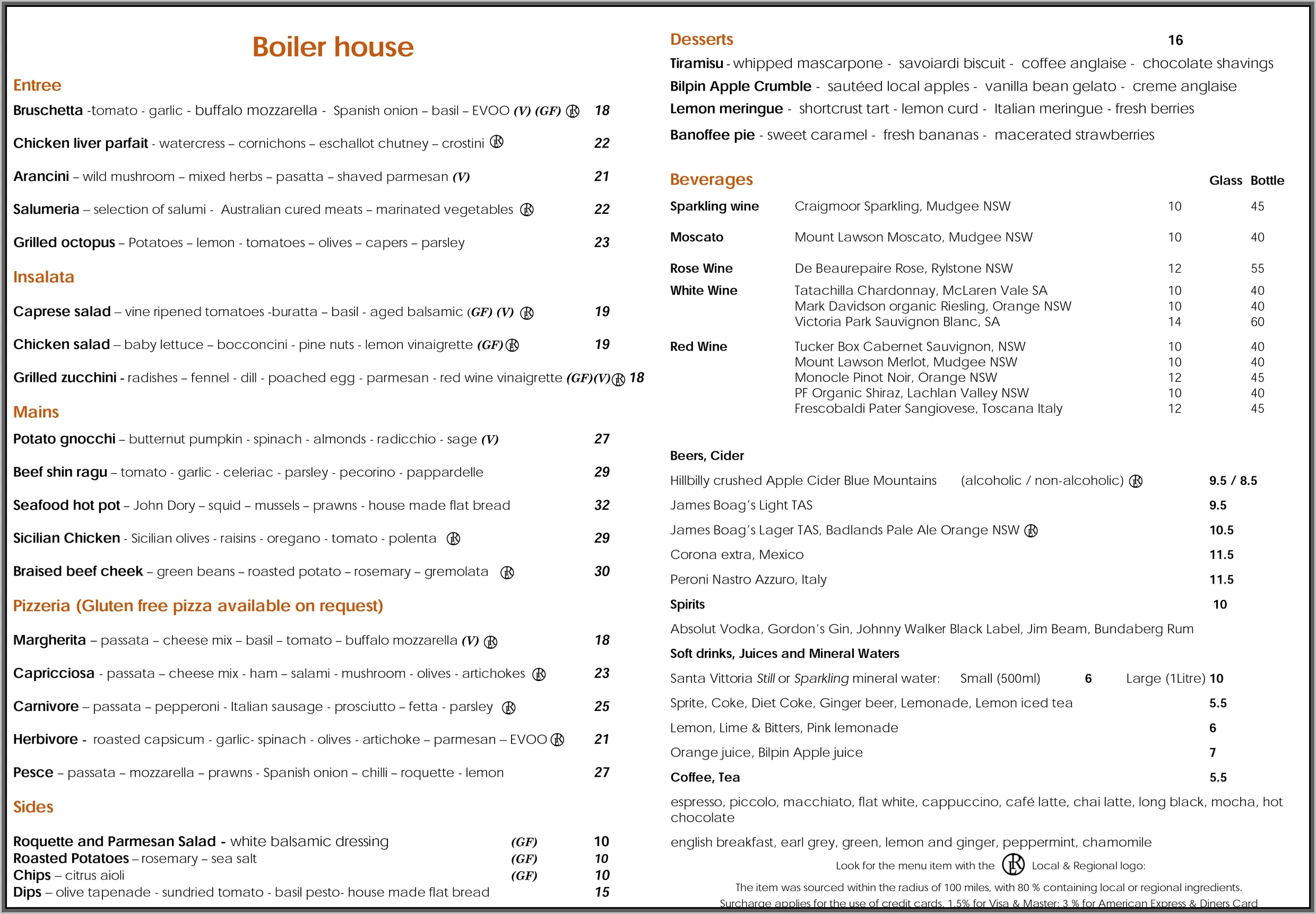 Boiler House Cafe menu, page 1