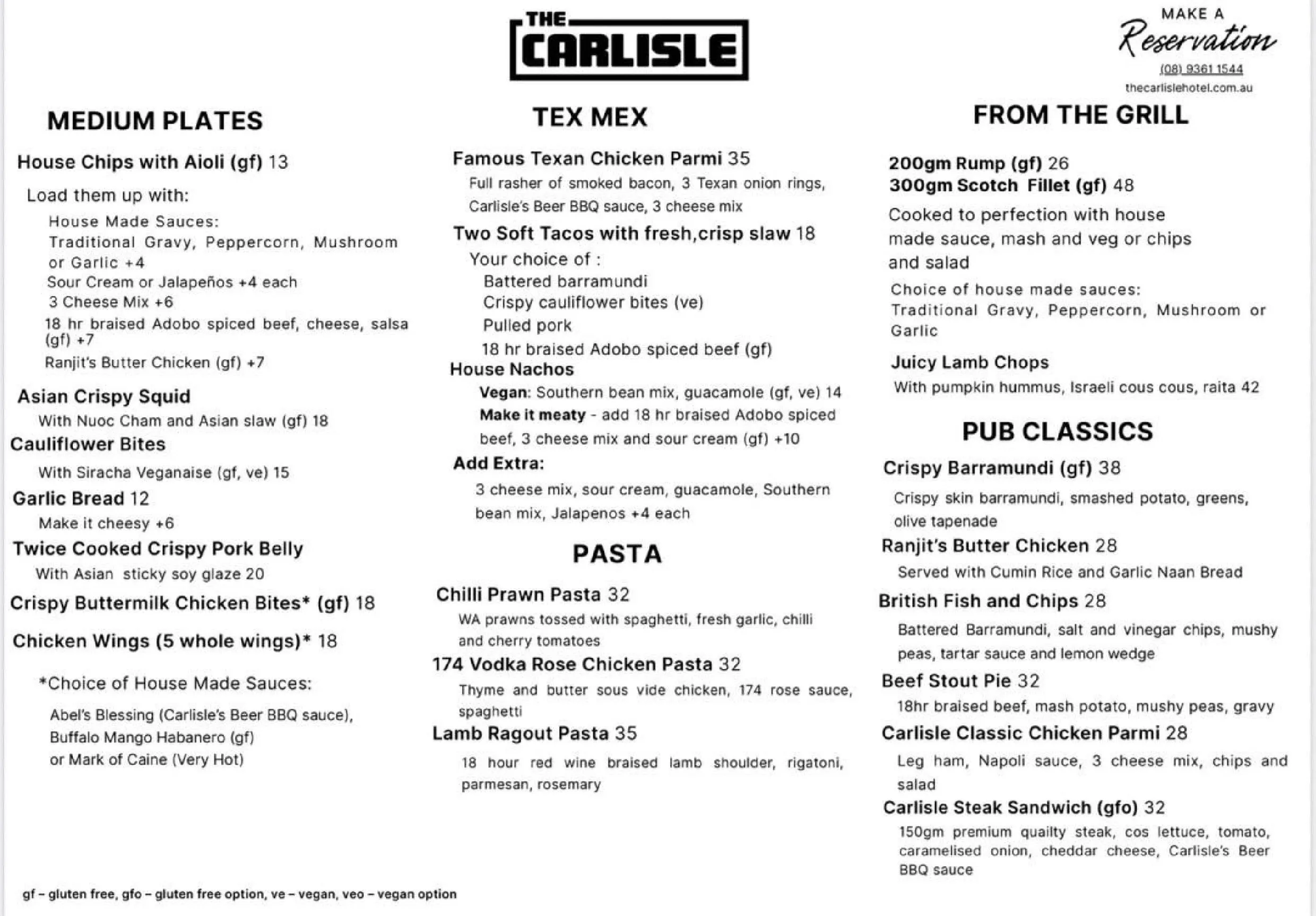 The Carlisle Bar & Bistro menu, page 1