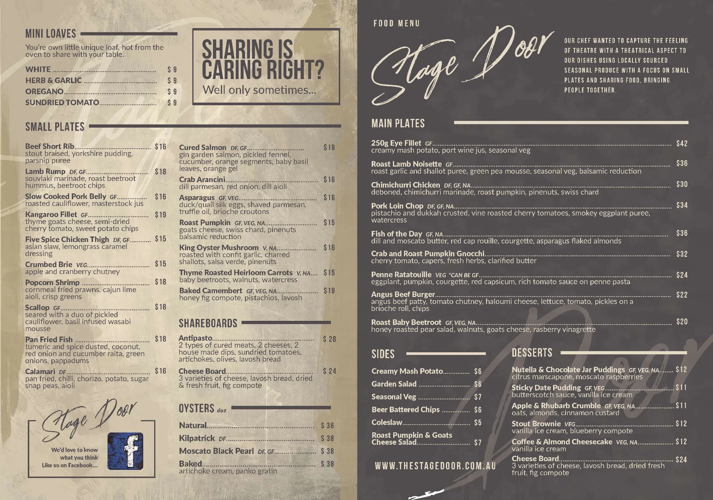 The Stage Door Waterfront Restaurant menu, page 1