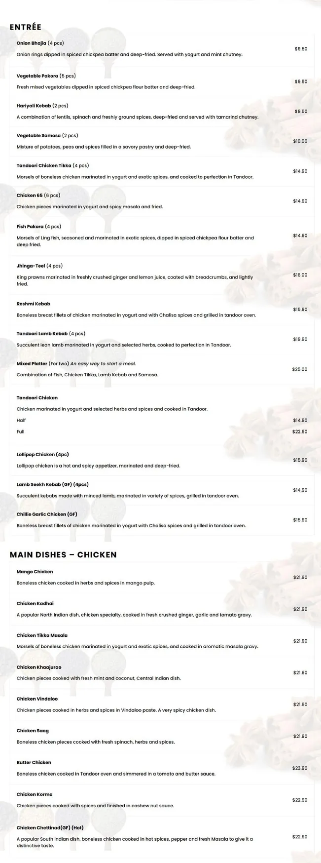 Chalisa Indian Restaurant menu, page 1