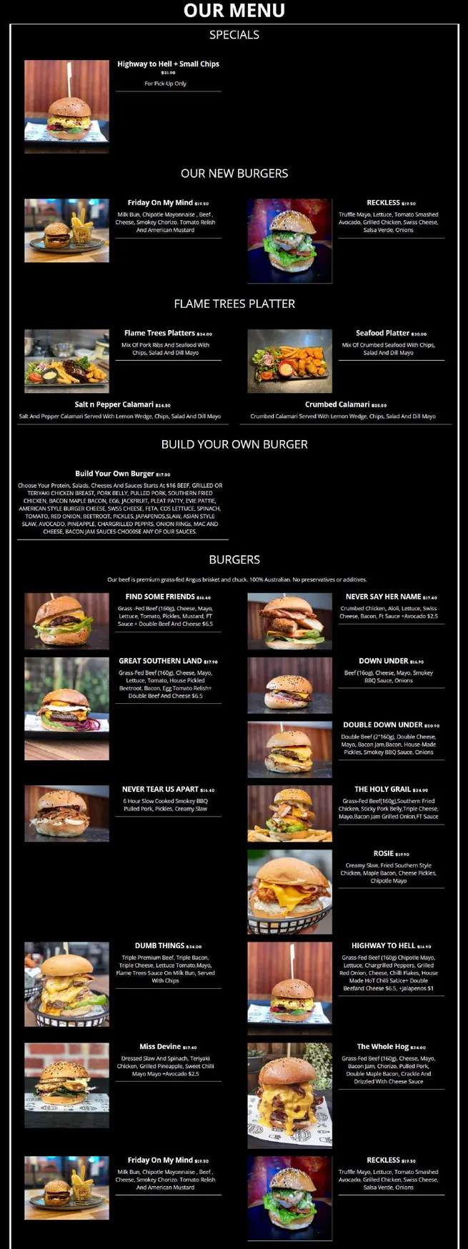Flame Trees Burger menu, page 1