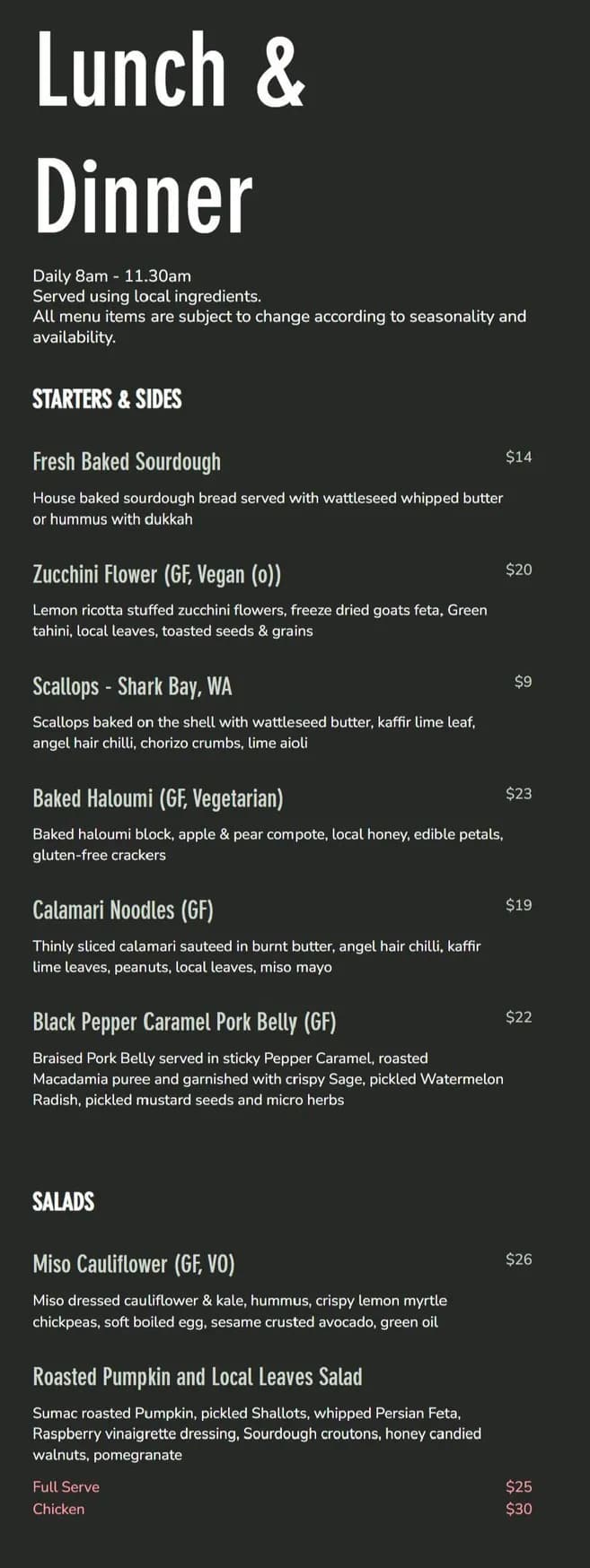 Good Grace menu, page 1