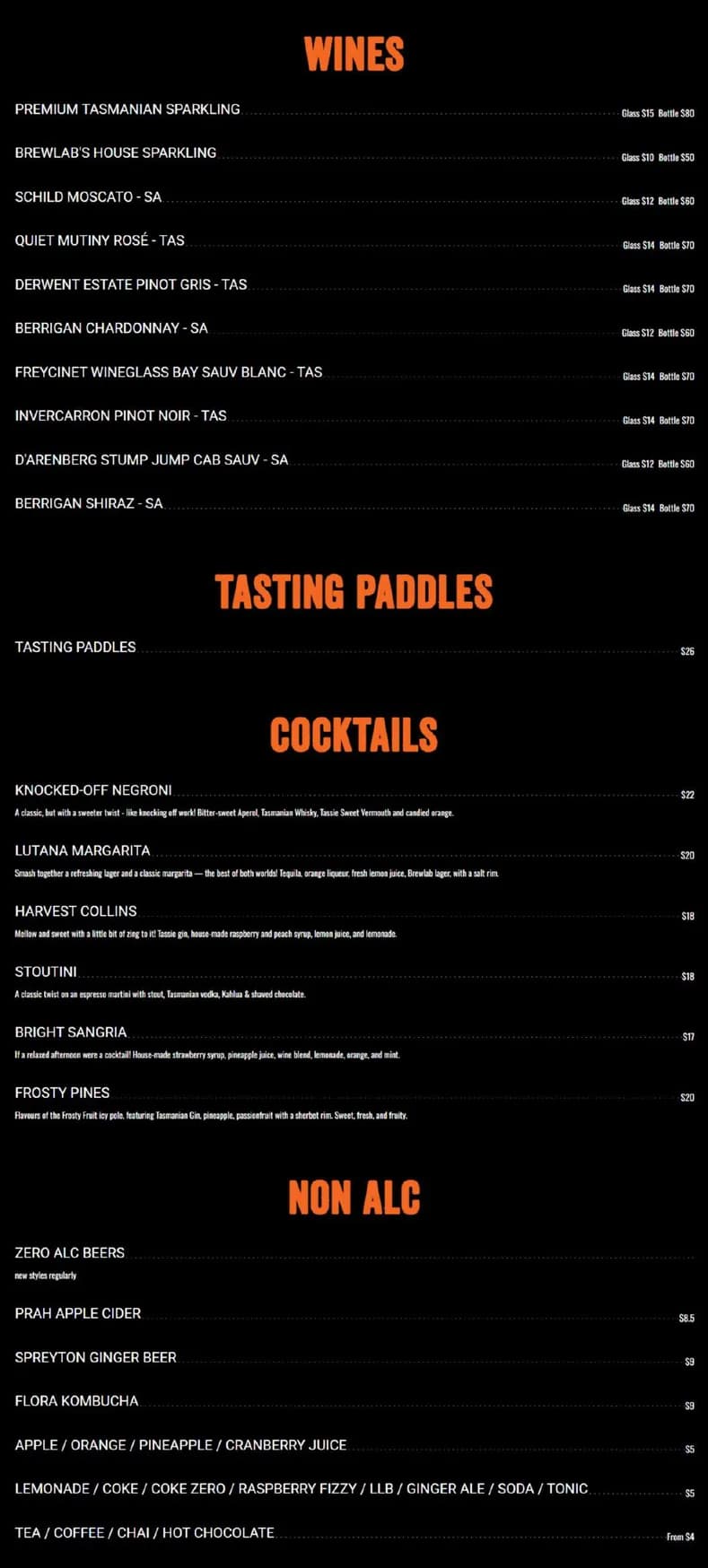 Brewlab Australia menu, page 1