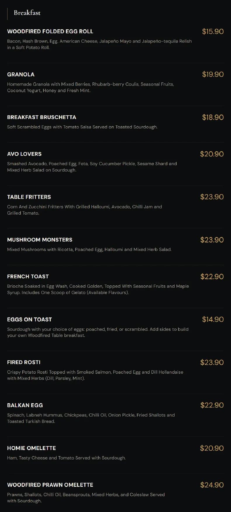 The Woodfired Table menu, page 4