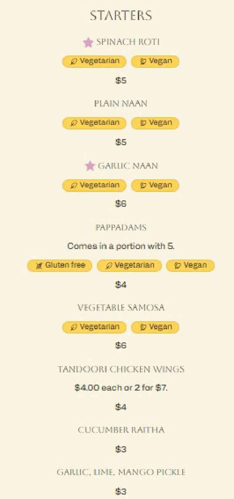 Yellow Flower Indian Restaurant menu, page 1