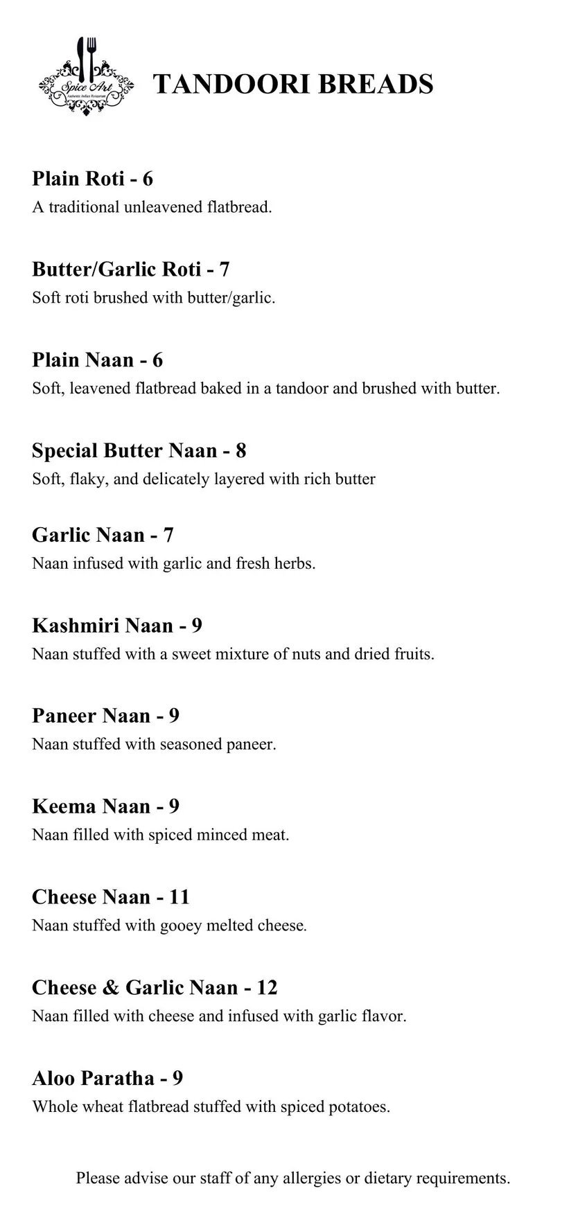 Spice Art menu, page 9