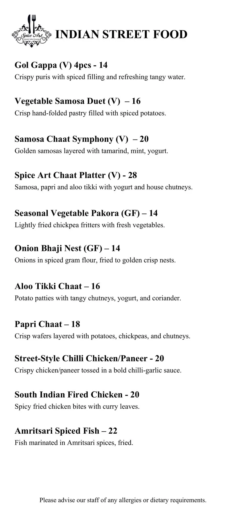 Spice Art menu, page 1