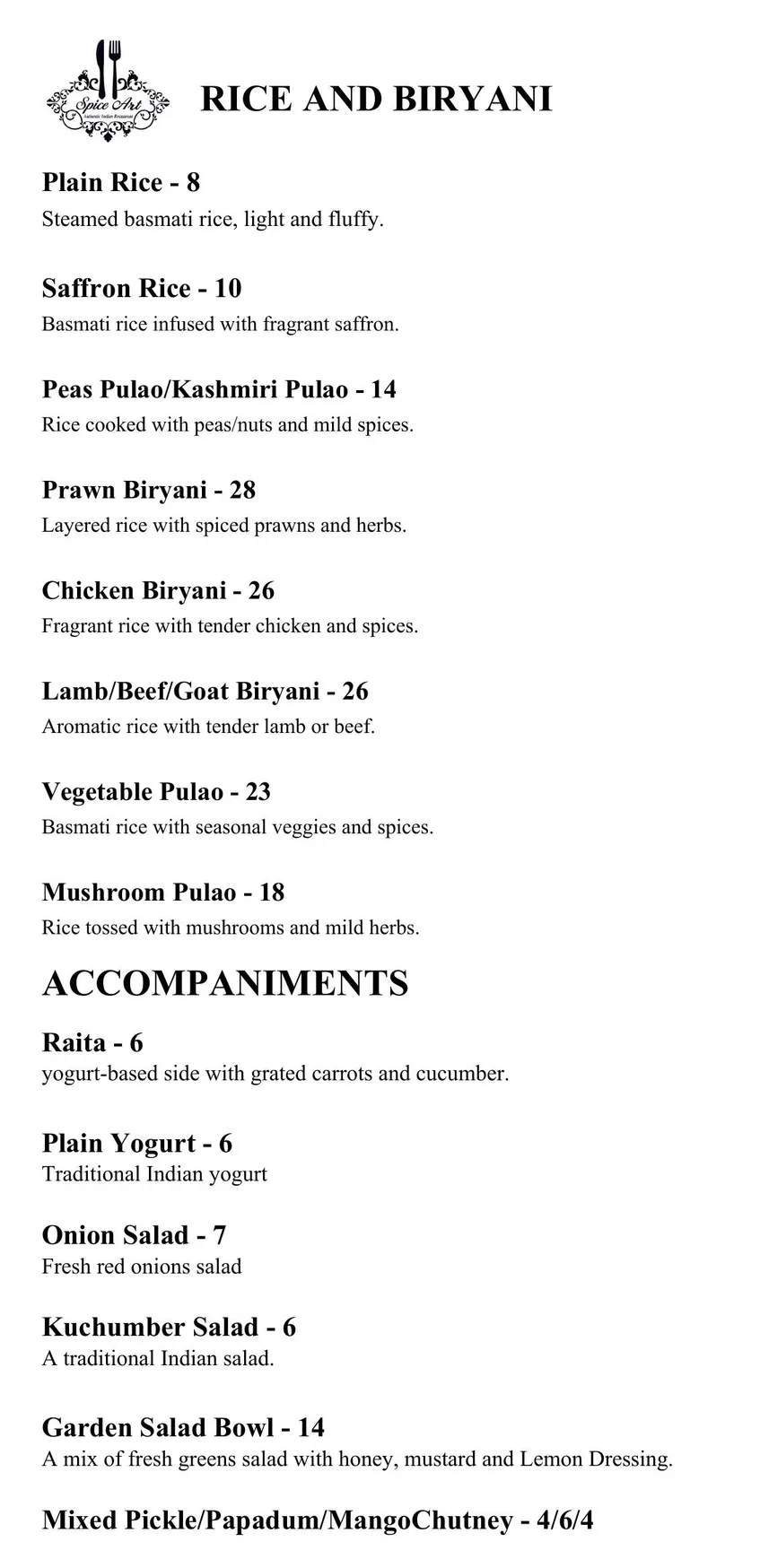Spice Art menu, page 8