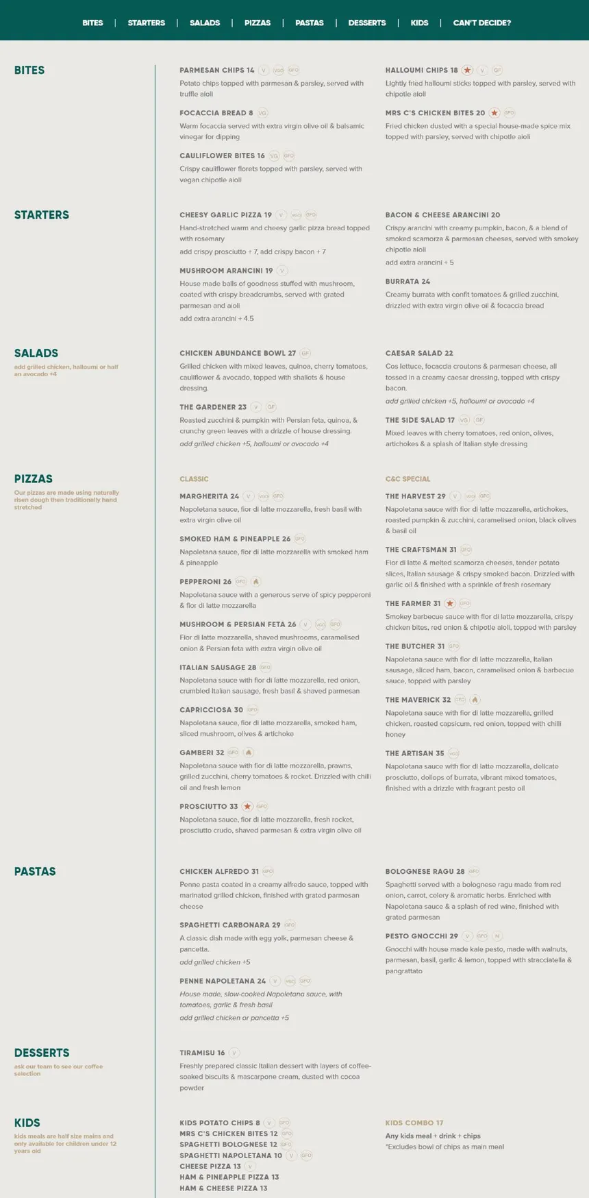 Corbett & Claude menu, page 1