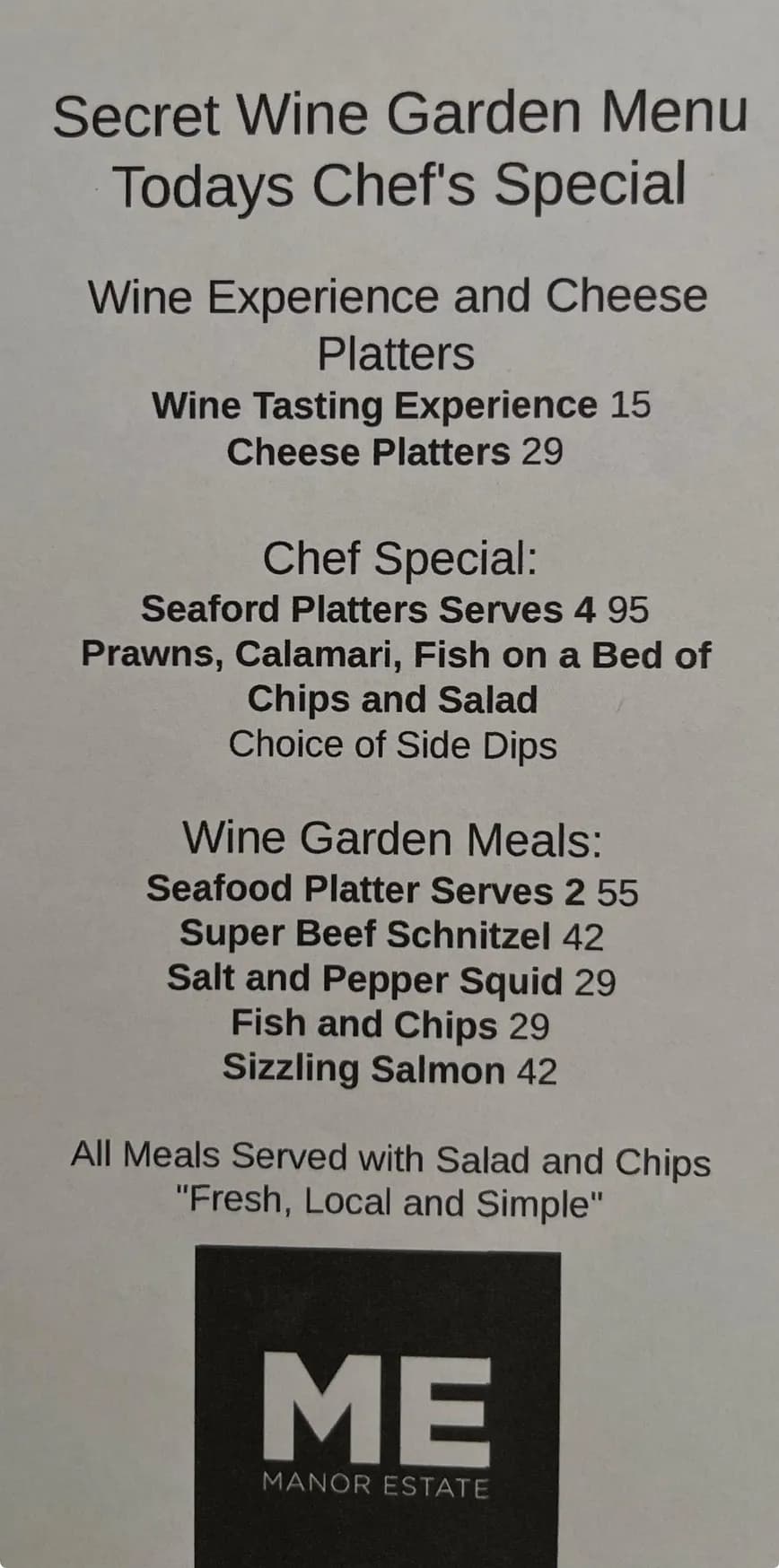 Secret Wine Garden at Manor Estate menu, page 1