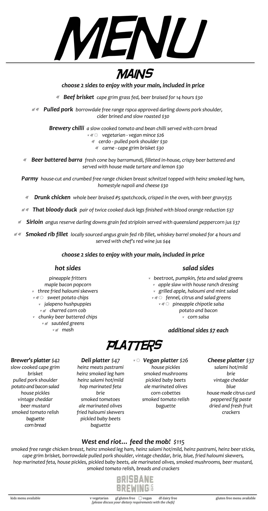 Brisbane Brewing Co menu, page 1