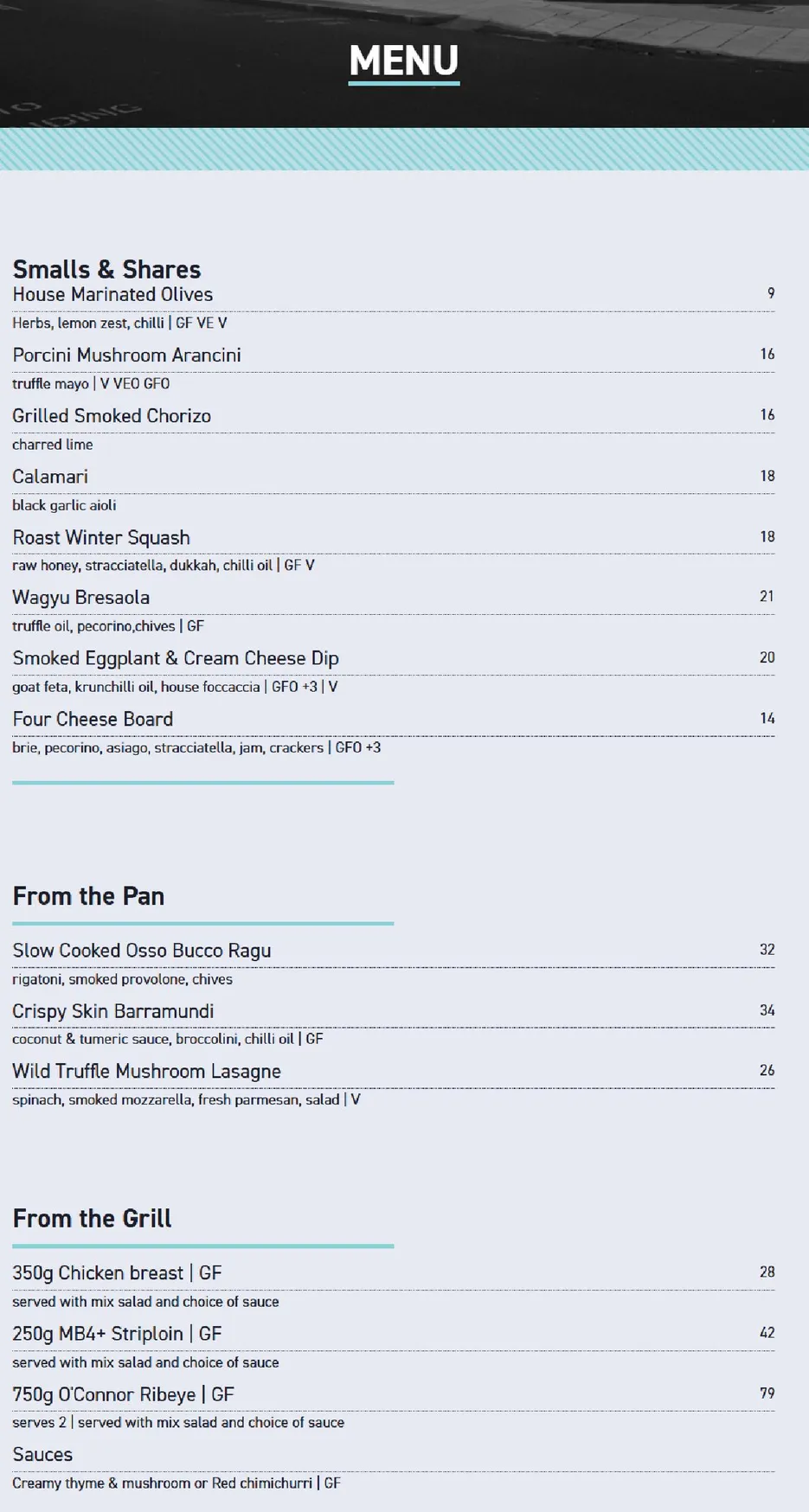Old Courthouse menu, page 1