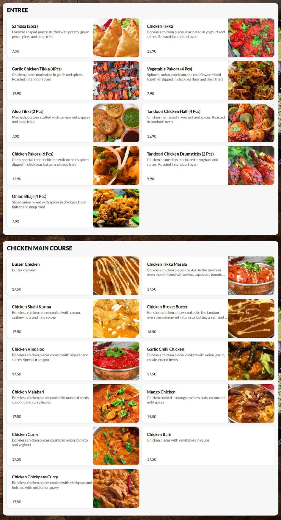 Mehek Indian Restaurant menu, page 1