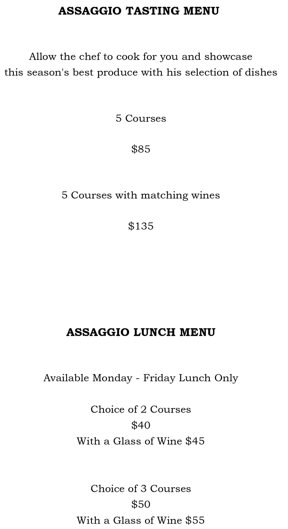 Assaggio Ristorante menu, page 1