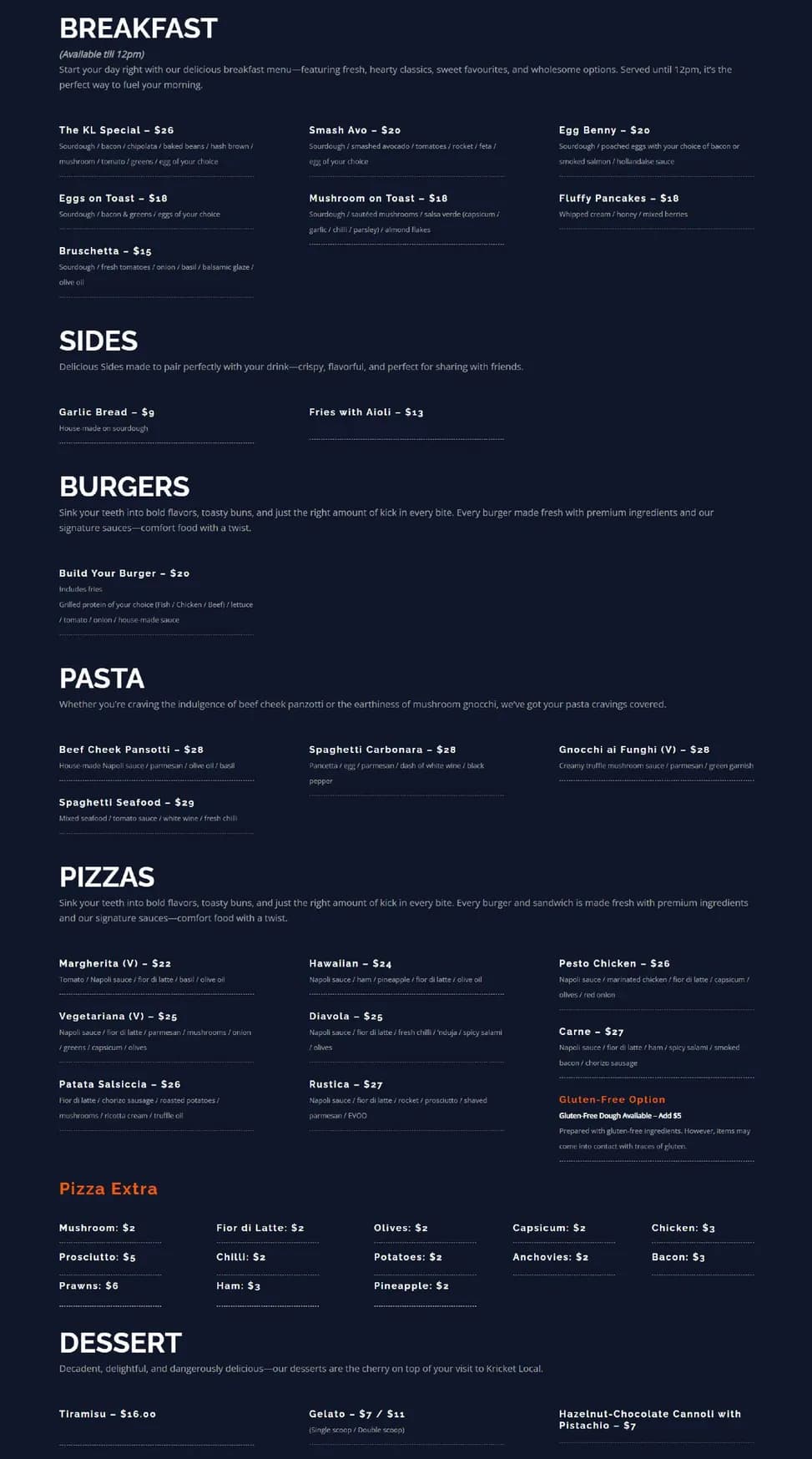 The Kricket Local menu, page 1
