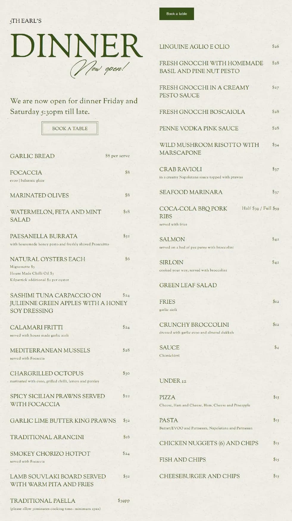 5th Earl Rosebery menu, page 1